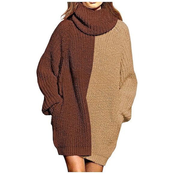 Sweaters - Women's Loose Turtleneck Oversize Long Pullover Sweater Y - Coffee and Khaki